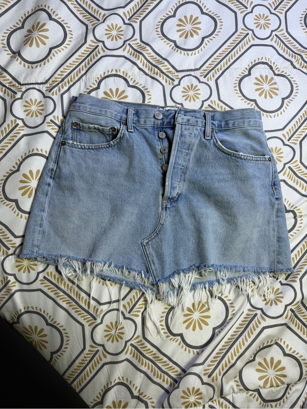AGOLDE Button Fly Raw Hem Denim Mini Skirt Light Wash Size 27